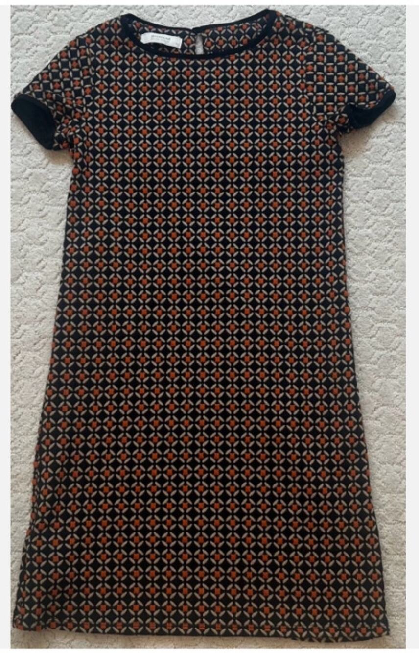 Promod French Boutique Mod Geometric Shift Dress Navy Orange Diamond Print S EUC